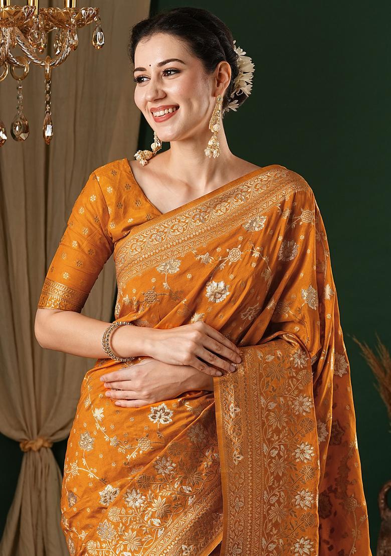 Mustard Woven Design Georgette Saree Set - Indya