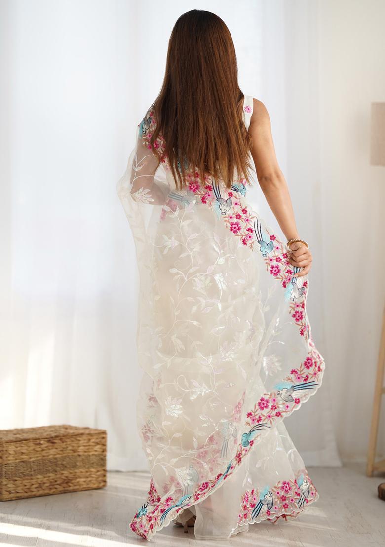 Off White Embroidery Organza Saree Set - Indya
