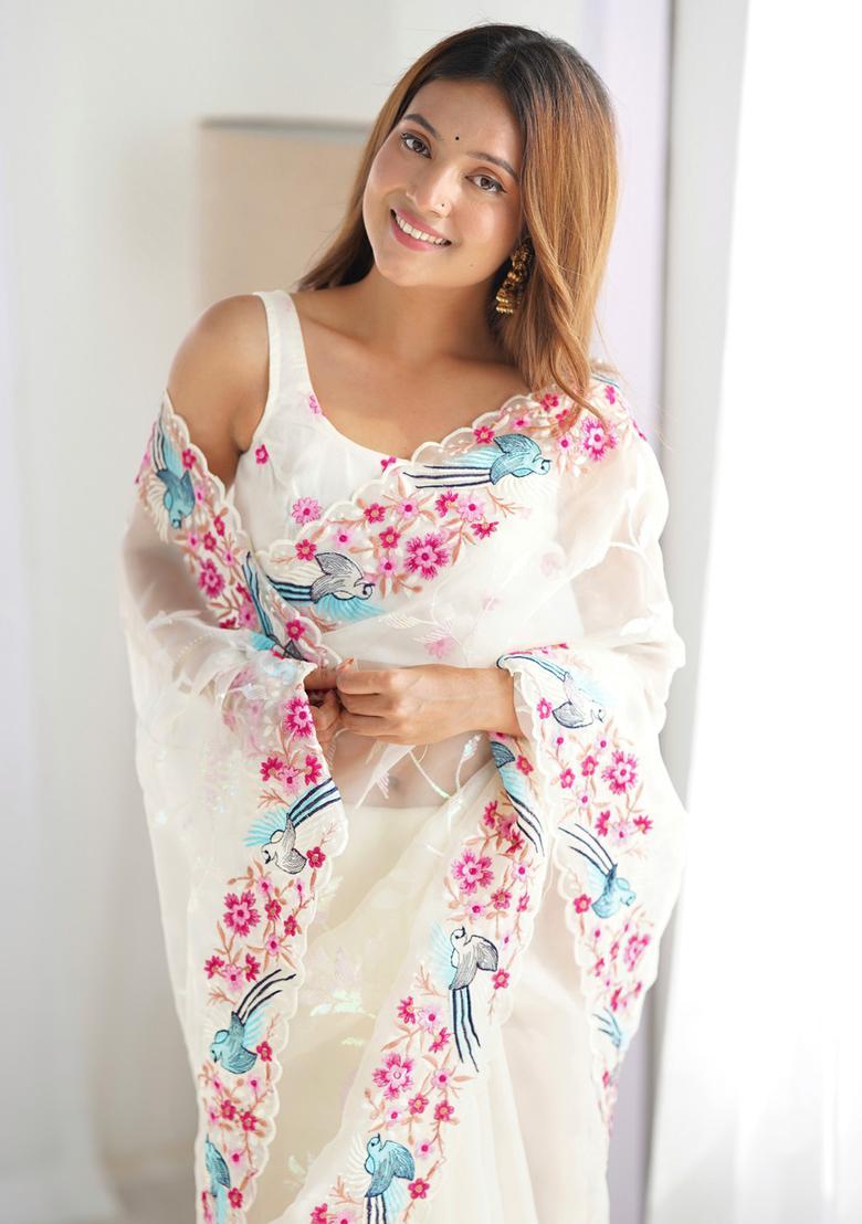 Off White Embroidery Organza Saree Set - Indya