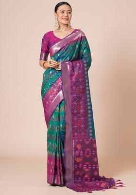 Teal Blue Woven Design Silk Saree Set