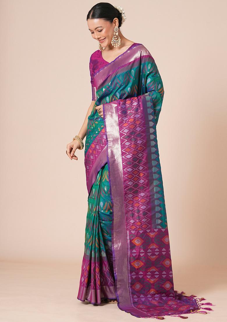 Teal Blue Woven Design Silk Saree Set - Indya