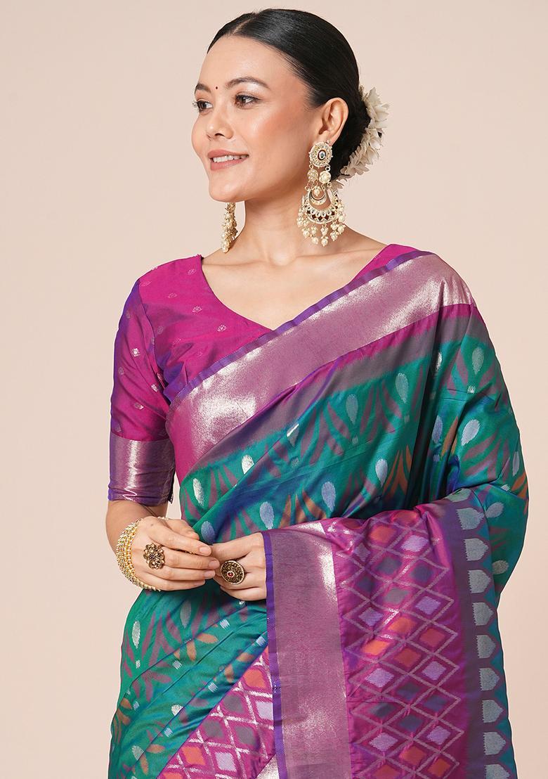 Teal Blue Woven Design Silk Saree Set - Indya