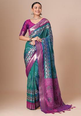 Teal Blue Woven Design Silk Saree Set
