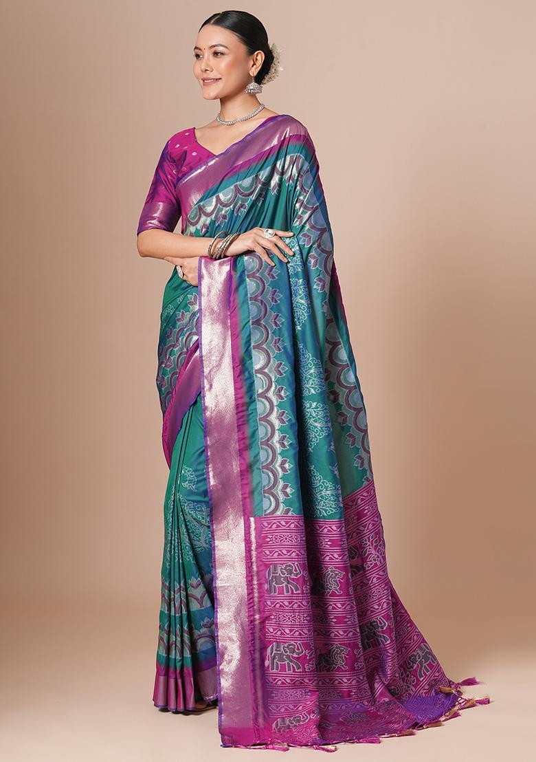 Teal Blue Woven Design Silk Saree Set - Indya