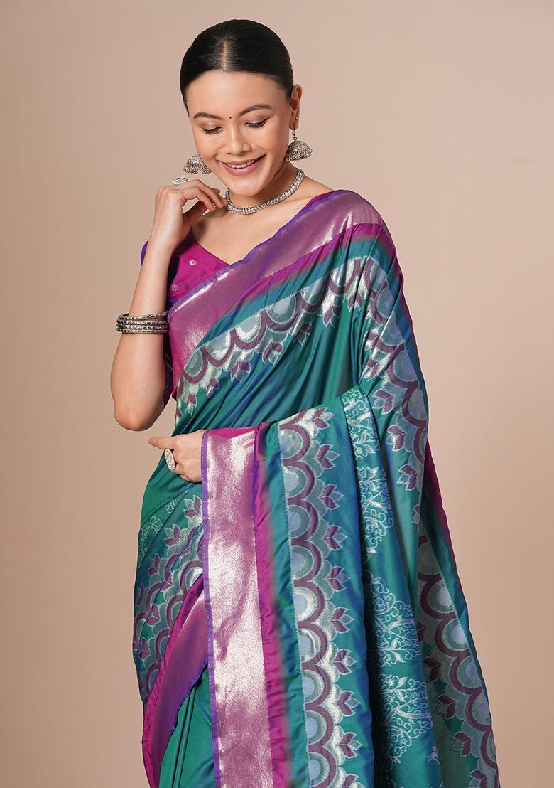 Teal Blue Woven Design Silk Saree Set - Indya