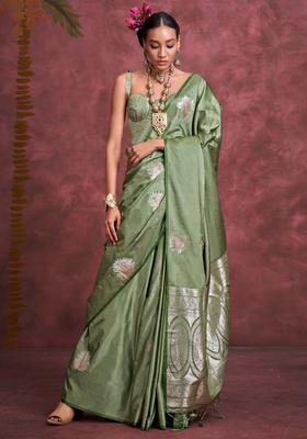 Light Green Woven Design Silk Saree Set