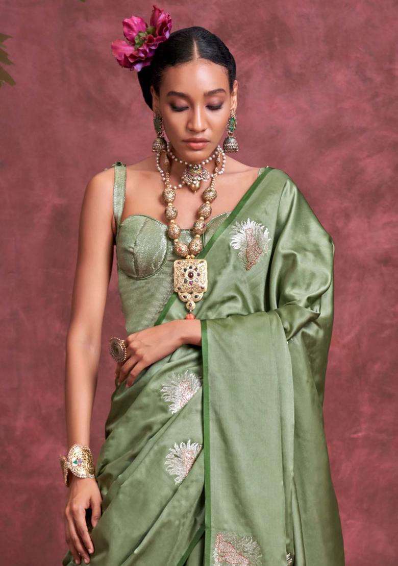 Light Green Woven Design Silk Saree Set - Indya