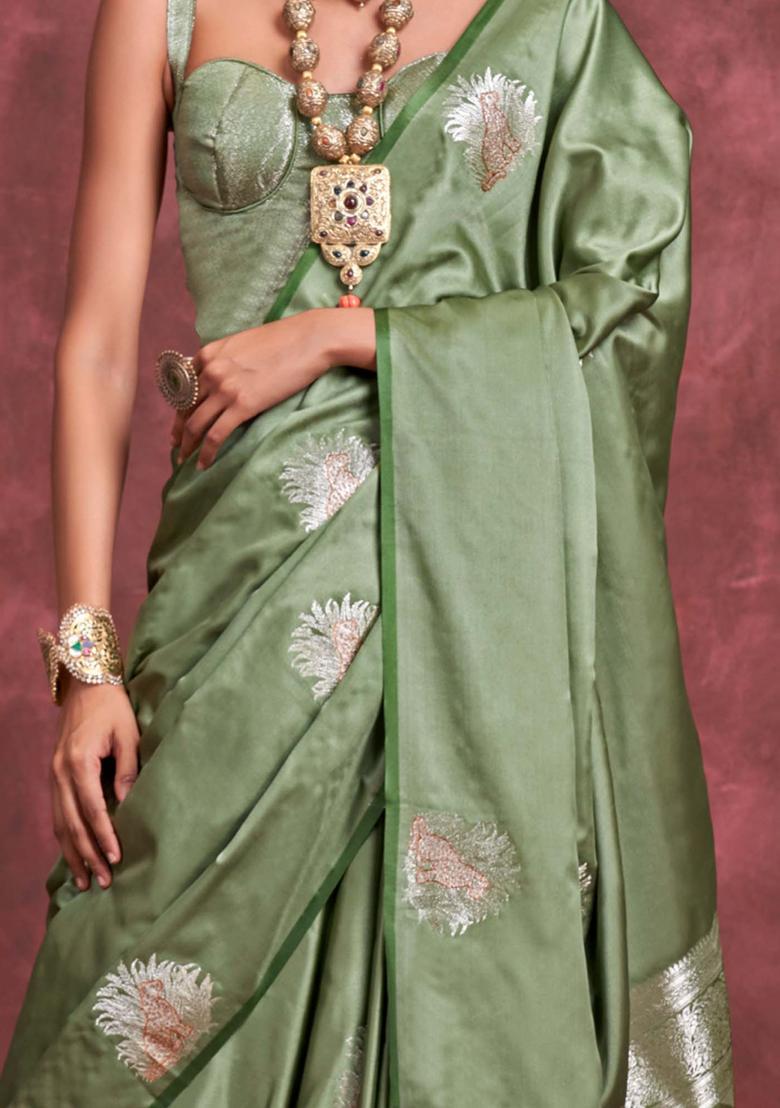 Light Green Woven Design Silk Saree Set - Indya