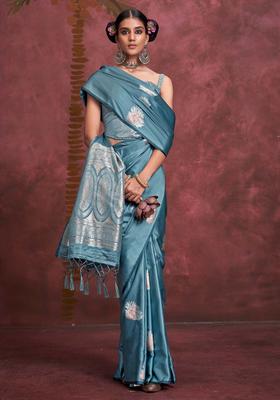 Light Blue Woven Design Silk Saree Set