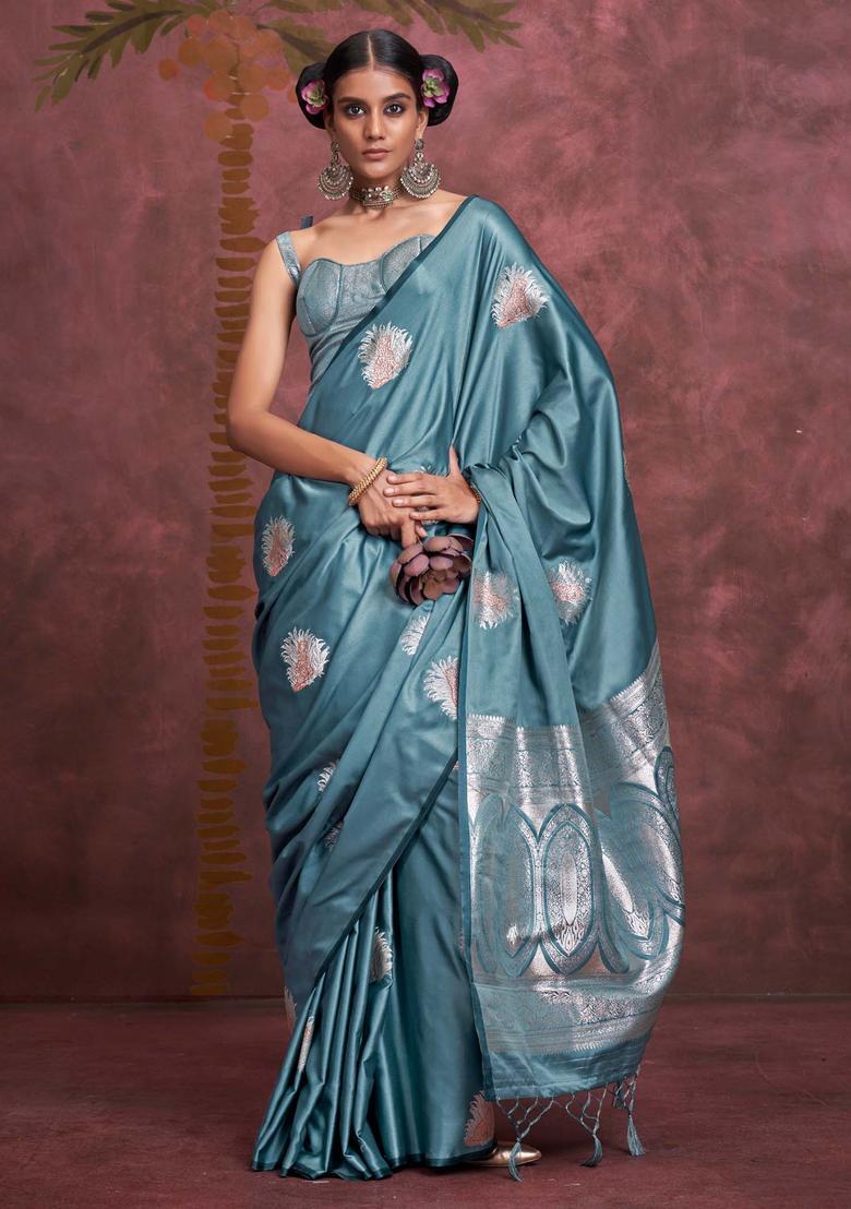 Light Blue Woven Design Silk Saree Set - Indya