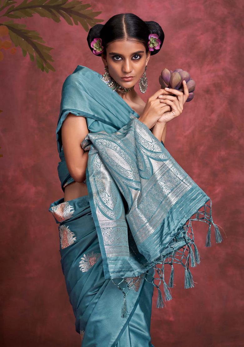 Light Blue Woven Design Silk Saree Set - Indya