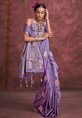 Lavender Woven Design Silk Saree Set