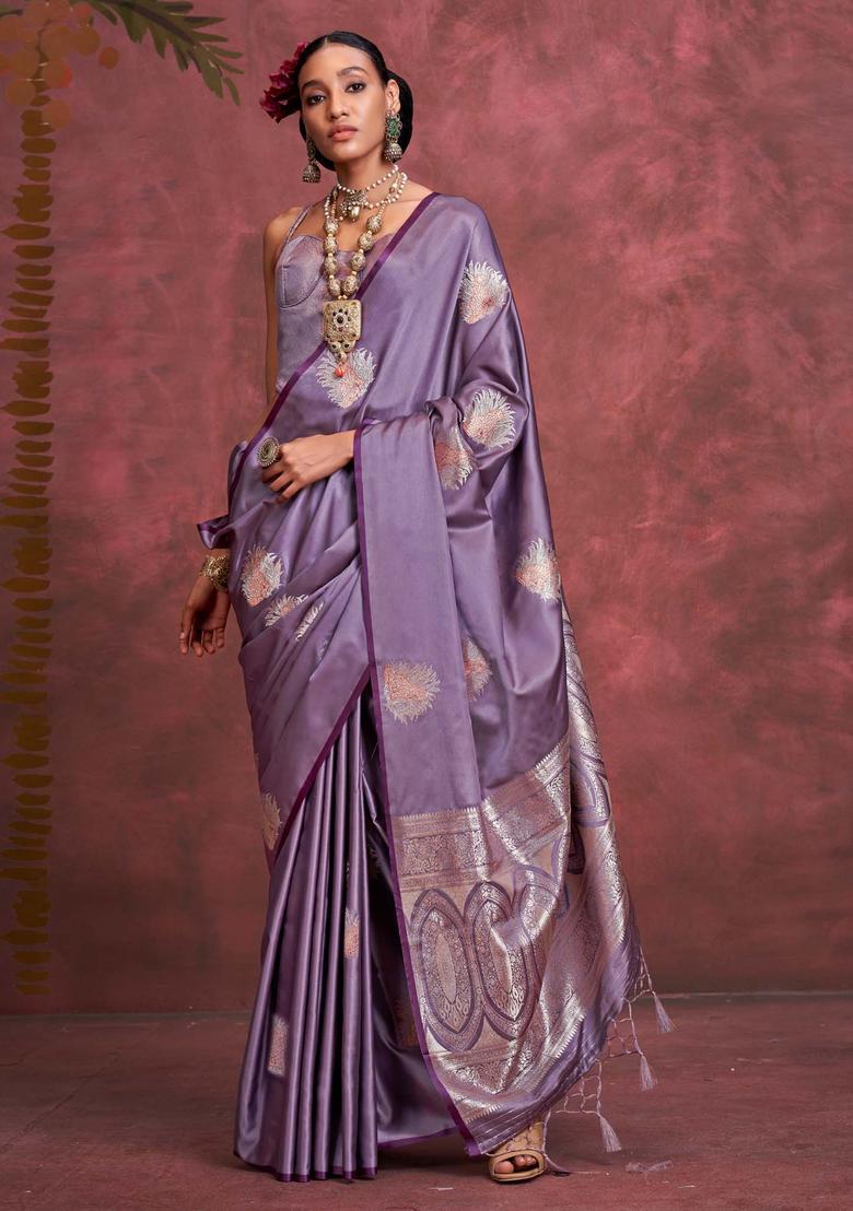 Lavender Woven Design Silk Saree Set - Indya