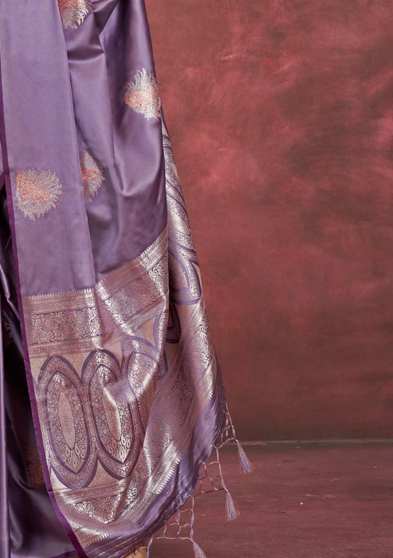 Lavender Woven Design Silk Saree Set - Indya