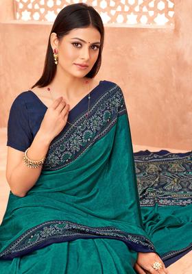 Teal Blue Printed Crepe Saree Set