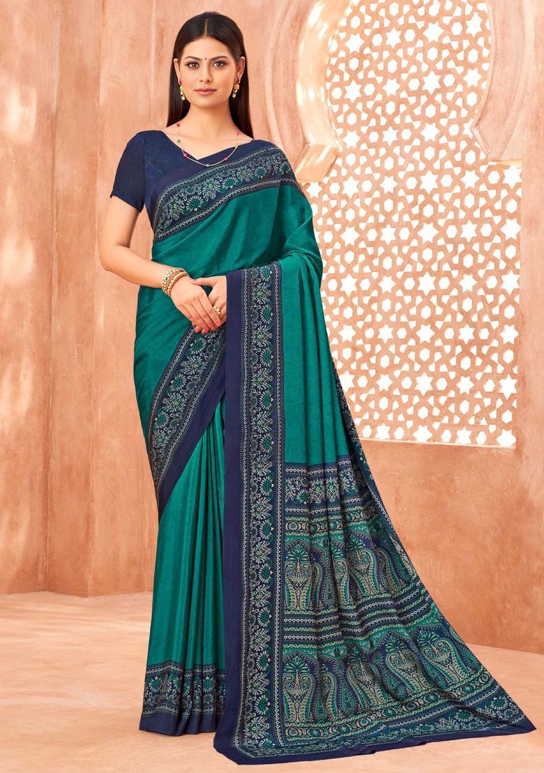 Teal Blue Printed Crepe Saree Set - Indya