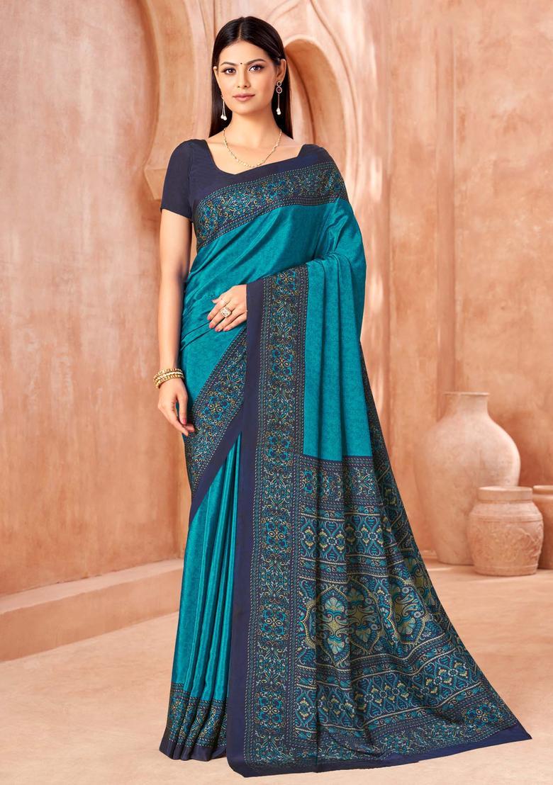 Blue Printed Crepe Saree Set - Indya