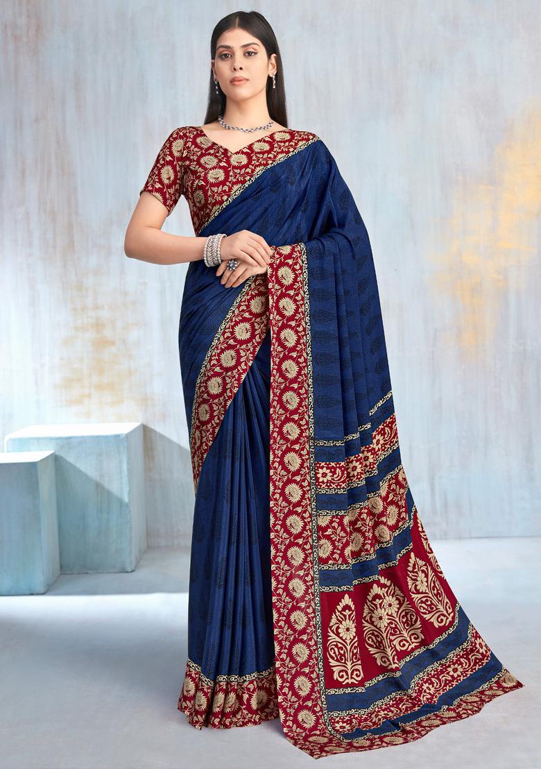 Navy Blue Printed Crepe Saree Set - Indya