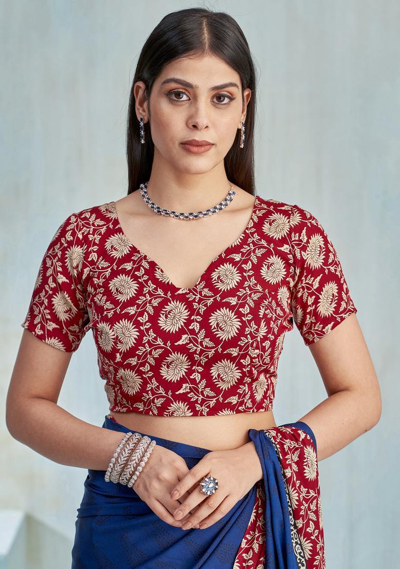 Navy Blue Printed Crepe Saree Set - Indya