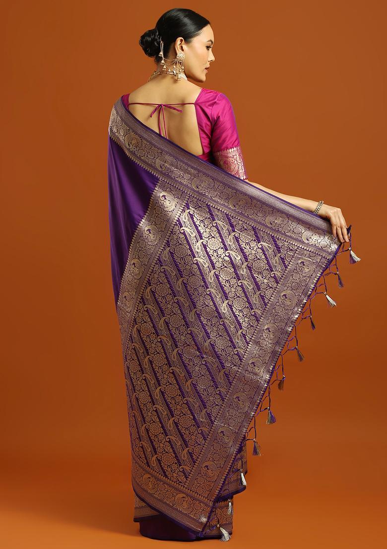 Purple Woven Design Silk Saree Set - Indya
