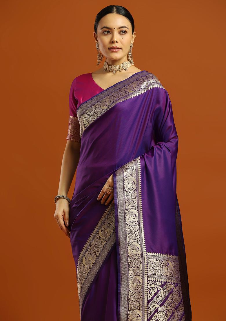 Purple Woven Design Silk Saree Set - Indya