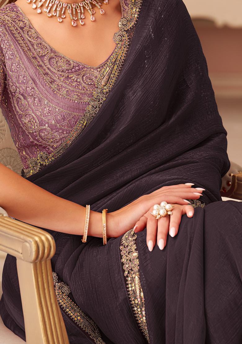 Purple Embellished Georgette Saree Set - Indya