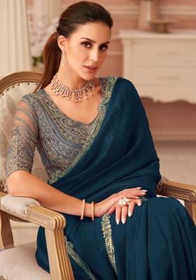 Teal Blue Embellished Georgette Saree Set
