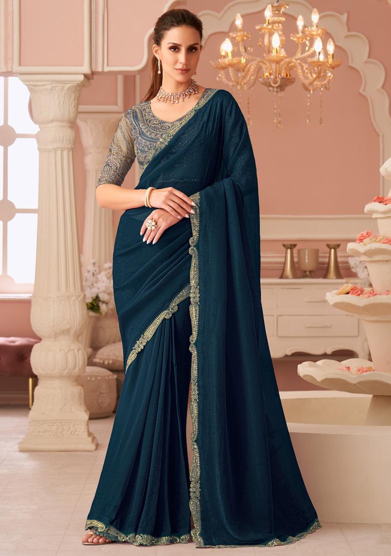 Teal Blue Embellished Georgette Saree Set - Indya