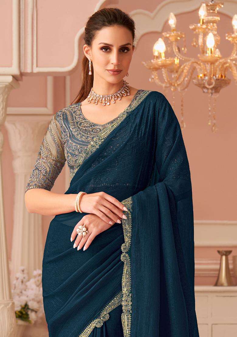 Teal Blue Embellished Georgette Saree Set for Diwali | Wedding & Festive Wear - Indya