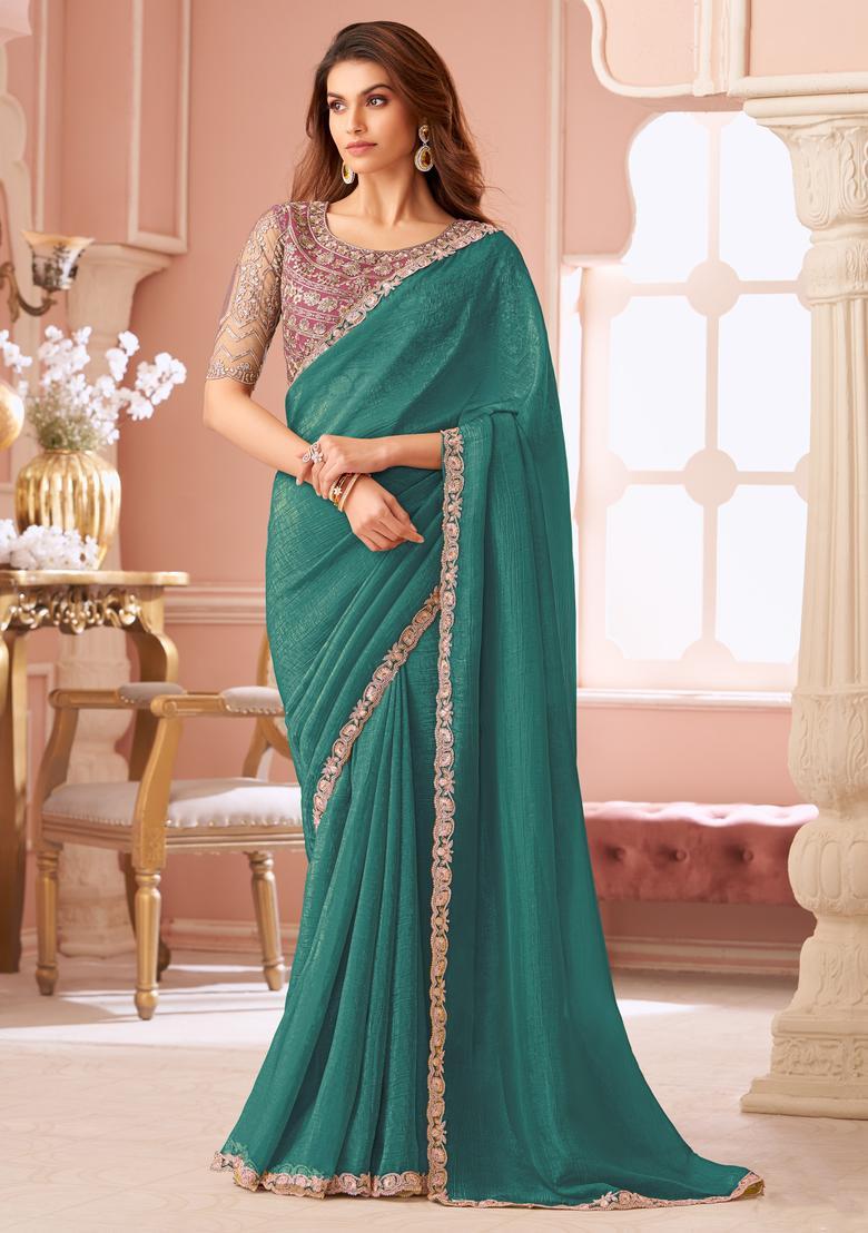 Teal Green Embellished Georgette Saree Set - Indya