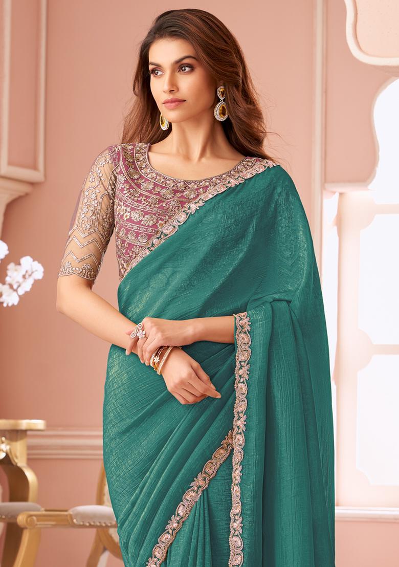 Teal Green Embellished Georgette Saree Set - Indya