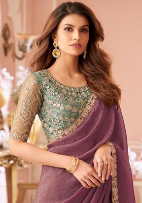 Purple Embellished Georgette Saree Set