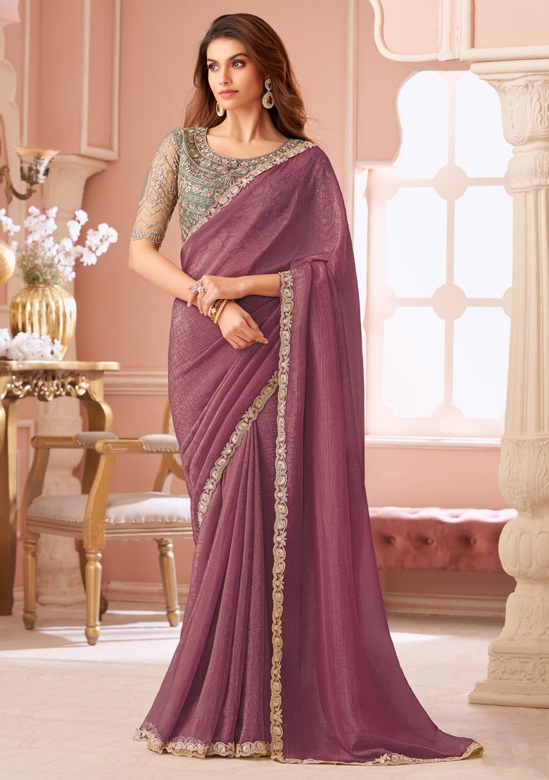 Purple Embellished Georgette Saree Set - Indya