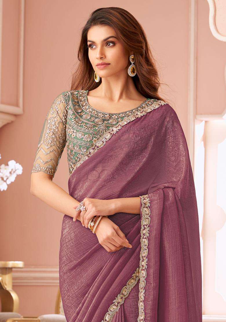 Purple Embellished Georgette Saree Set for Diwali and Festive Wear - Indya
