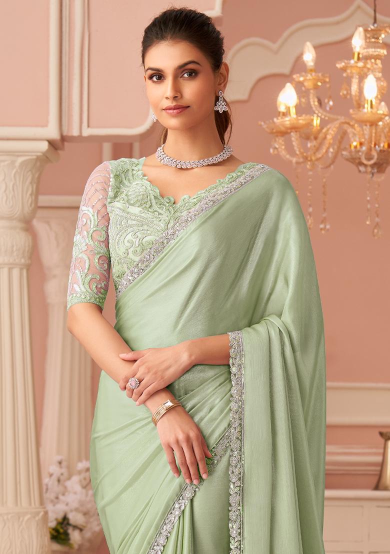 Sea Green Embellished Chiffon Saree Set - Indya