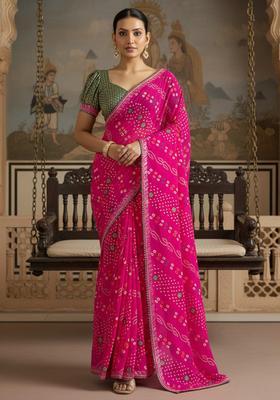 Pink Printed Georgette Saree Set