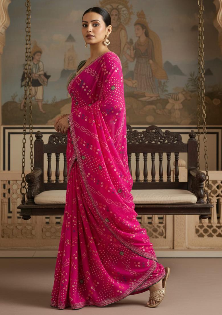 Pink Printed Georgette Saree Set - Indya