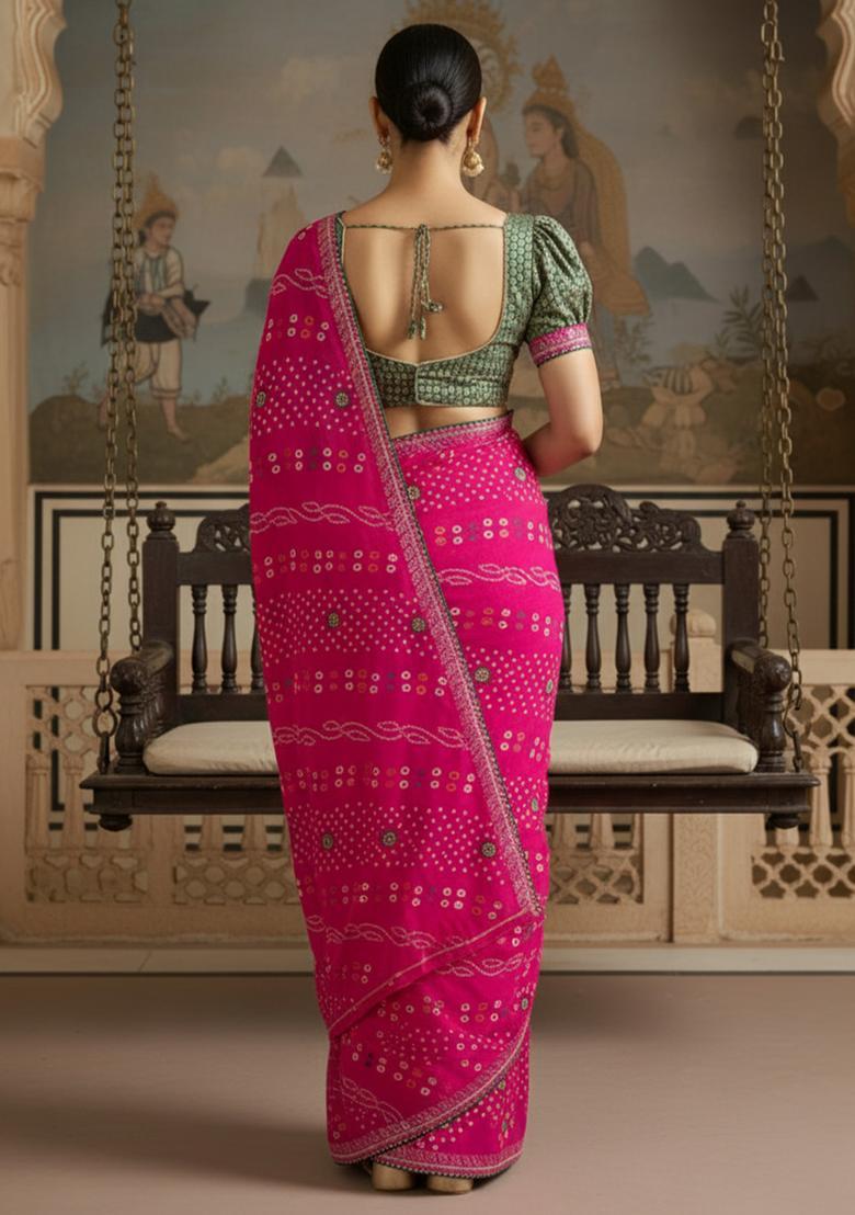 Pink Printed Georgette Saree Set - Indya