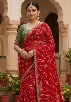 Red Printed Georgette Saree Set