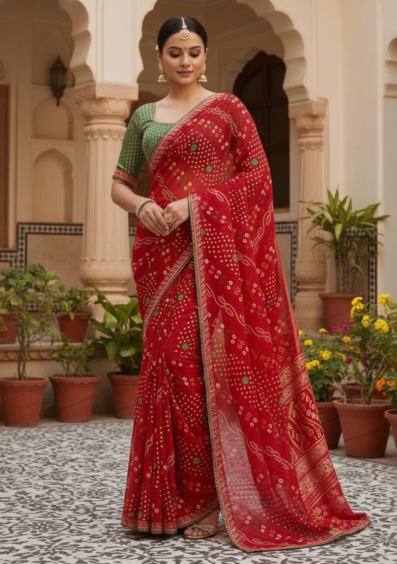Red Printed Georgette Saree Set - Indya