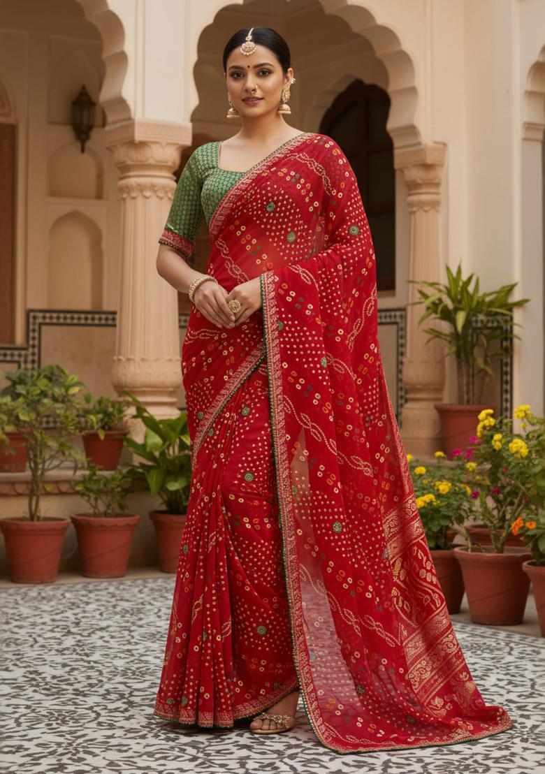 Red Printed Georgette Saree Set - Indya