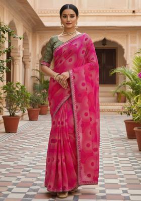 Pink Printed Georgette Saree Set