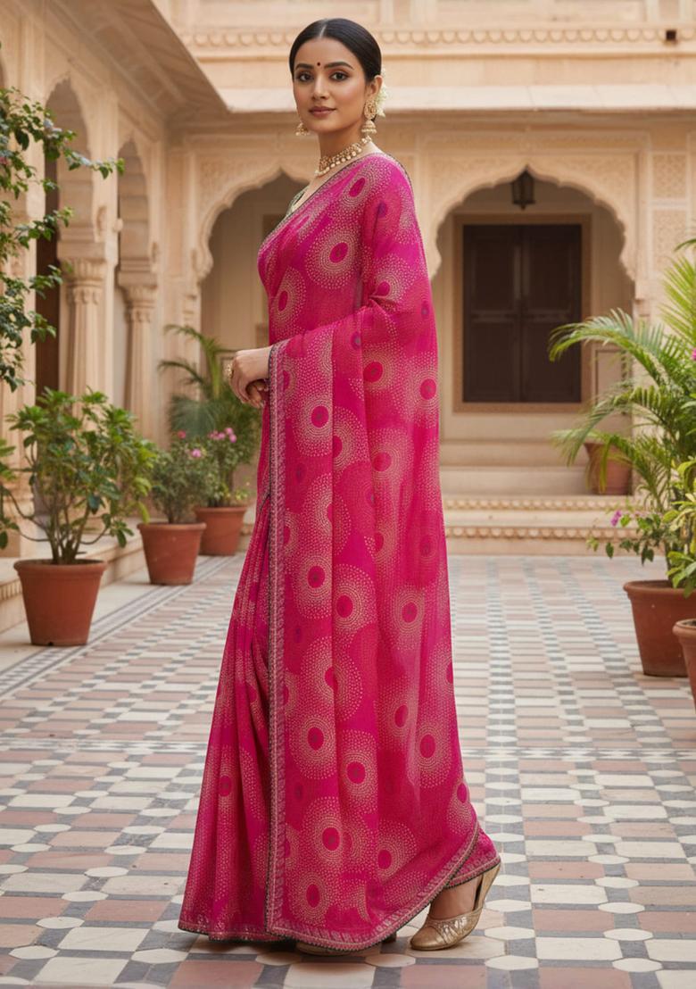 Pink Printed Georgette Saree Set - Indya