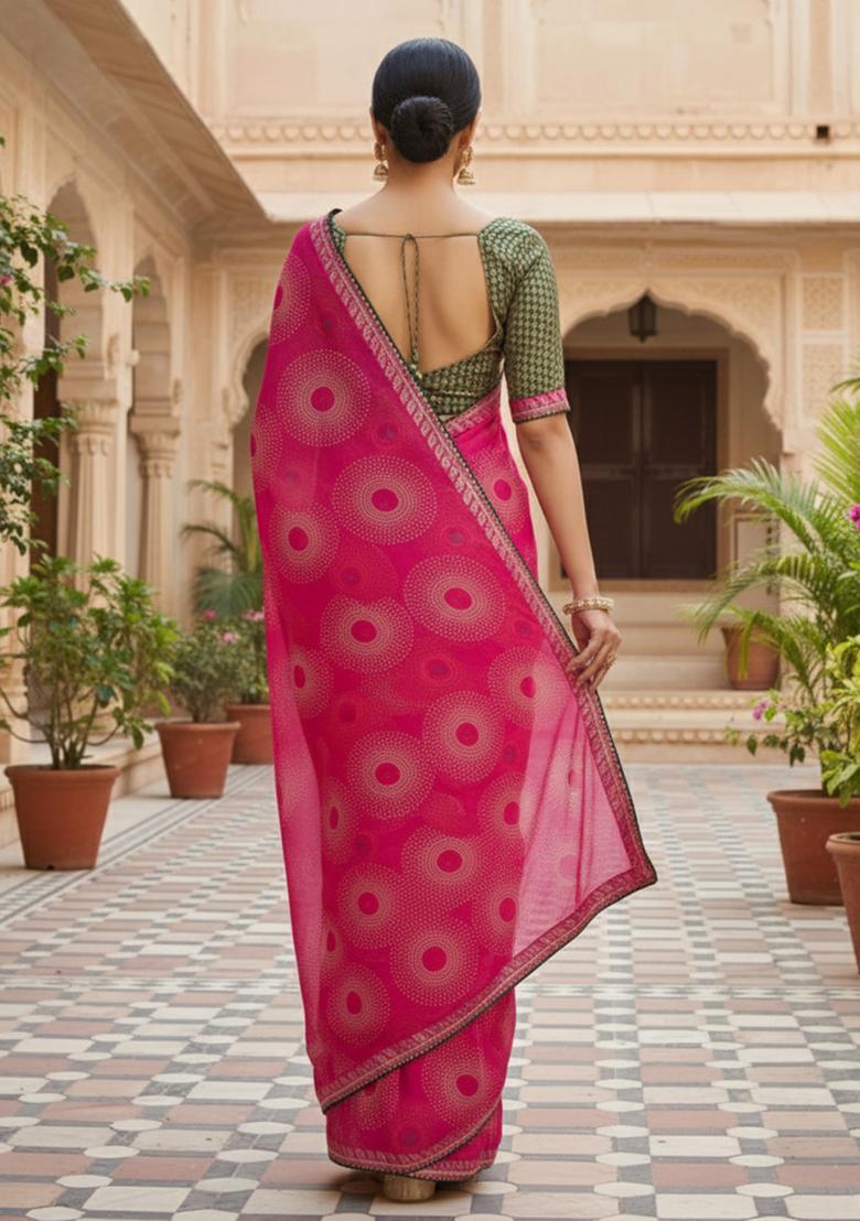 Pink Printed Georgette Saree Set - Indya
