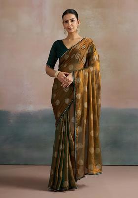 Olive Printed Chiffon Saree Set