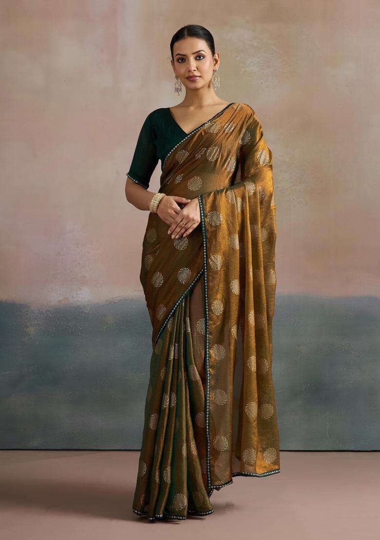Olive Printed Chiffon Saree Set for Diwali and Festive Wear - Indya