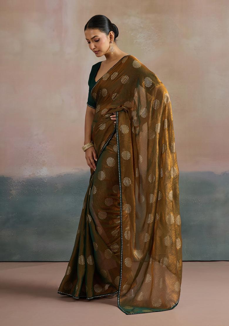 Olive Printed Chiffon Saree Set - Indya