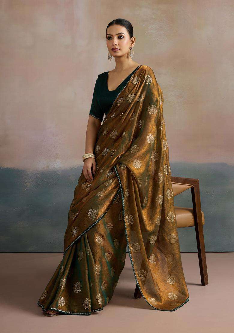 Olive Printed Chiffon Saree Set for Diwali and Festive Wear - Indya