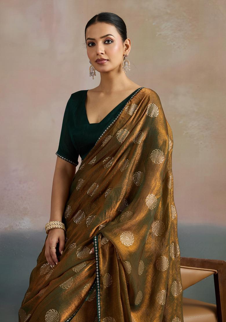 Olive Printed Chiffon Saree Set - Indya