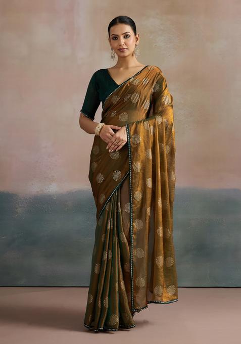 Olive Printed Chiffon Saree Set for Diwali and Festive Wear